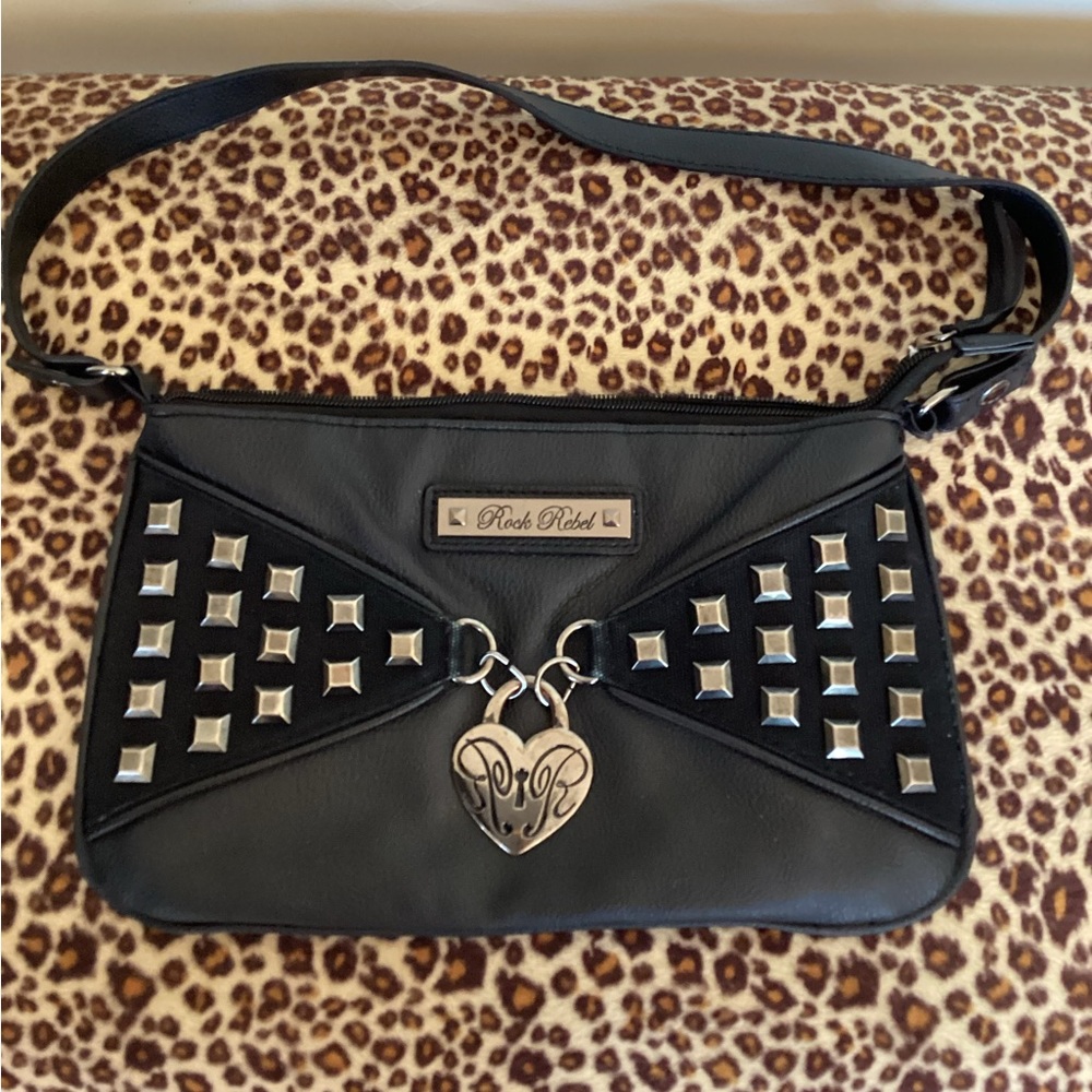 Rock Rebel Black Faux Leather Ava Studded Heart Handbag Clutch.